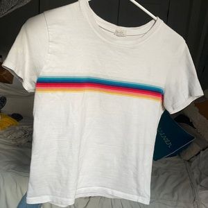 White tee with rainbow stripe